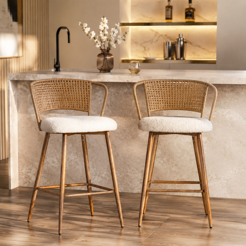 Ensemble de 2 tabourets de bar modernes avec dossier en rotin et siège rembourré