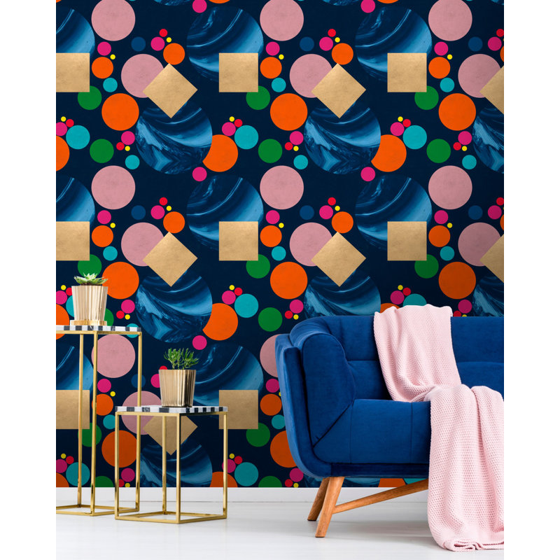 The Art Of Abstract Geometric Wallpaper Roll, Blue/Orange/Pink/Gold
