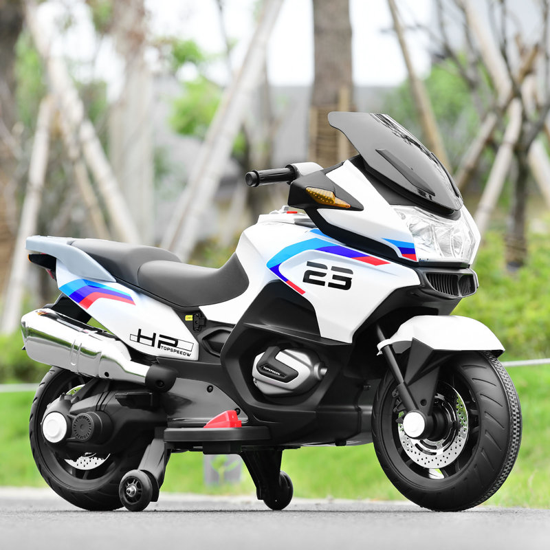 White 12-Volt Kids Ride-On Motorcycle with Training Wheels