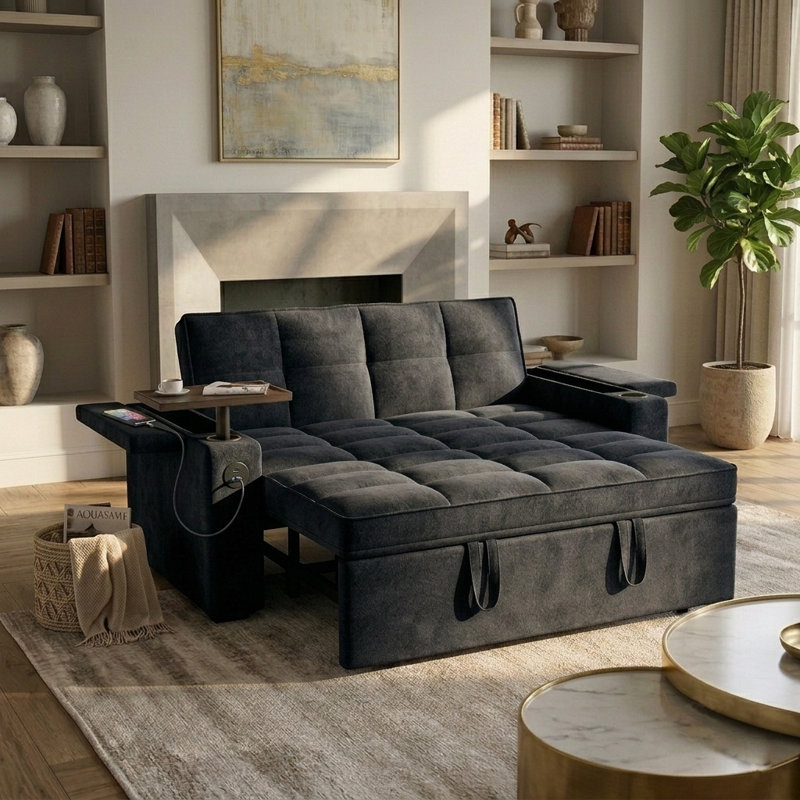 65" Convertible Sleeper Sofa With Pull-Out Bed, Loveseat Sofa Bed with Adjustable Backrest & 360° Swivel Side Table, Black