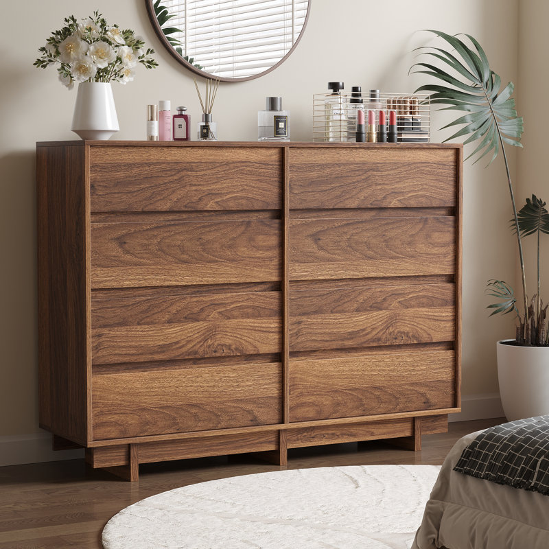 Commode moderne l 53,1 po avec 8 tiroirs, commode double avec grand espace de rangement pour chambre à coucher, salon, noyer