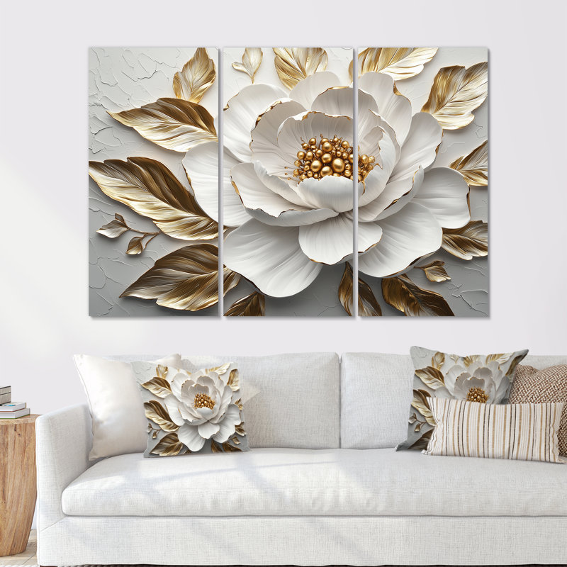 Ensemble de salon art mural pivoines blanches et dorées Bloom III, Métal métal, H 32 po x l 48 po x P 1 po