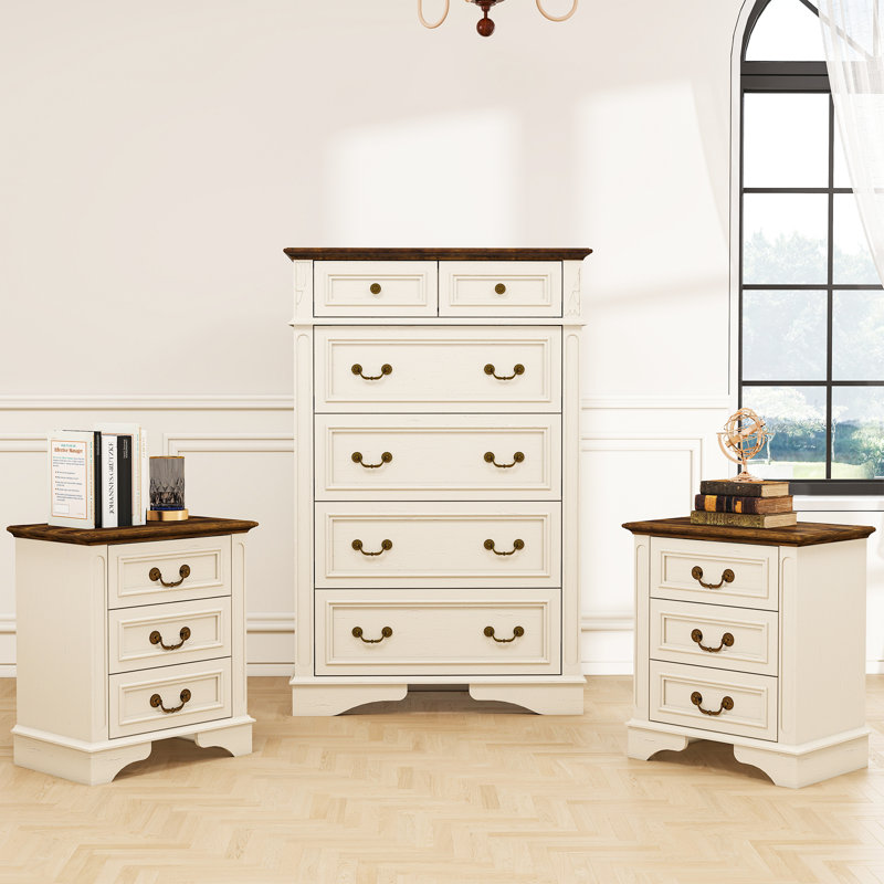 Ensemble de chambre à coucher 3 pièces - commode 6 tiroirs et 2 tables de chevet, Brun foncé / blanc