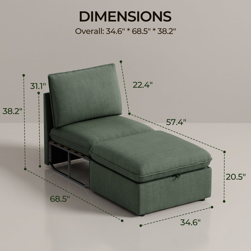 Ensemble de sièges modulaires modernes à siège simple avec repose-pieds, canapé en velours côtelé et repose-pieds pour canapé modulaire, vert
