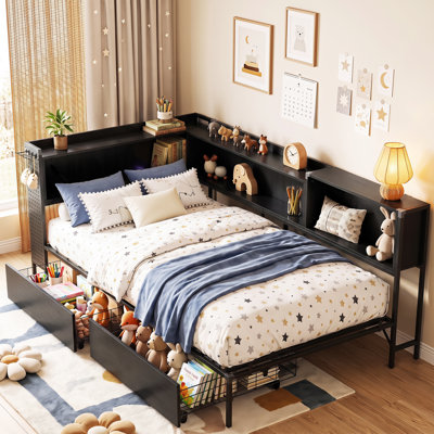 Daybed With 2 Drawers Led Corner Bed With Bookcase & Charging Station Metal Platform Bed Frame For Bedroom, Guest Room