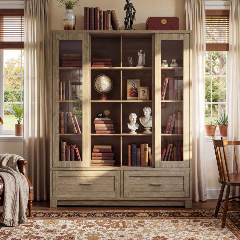 63" W Sliding Glass Door Display Bookcase With Drawers