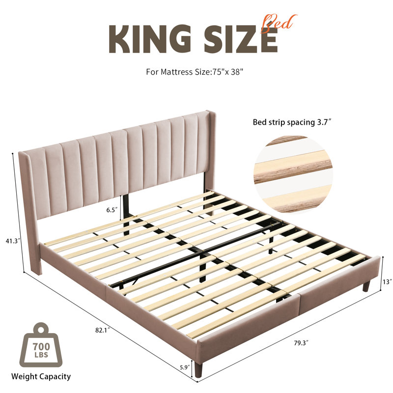 Torrick Upholstered Platform Bed with Tufted Wingback Headboard, King, Beige 100% Linen