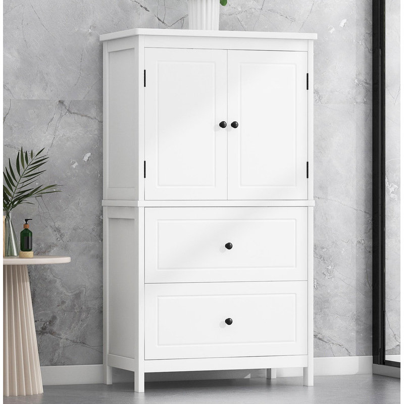 Solution de rangement pratique pour la salle de bain - Armoire en panneau de fibres à densité moyenne équipée de deux portes, de tiroirs et d'une tablette réglable pour l'organisation