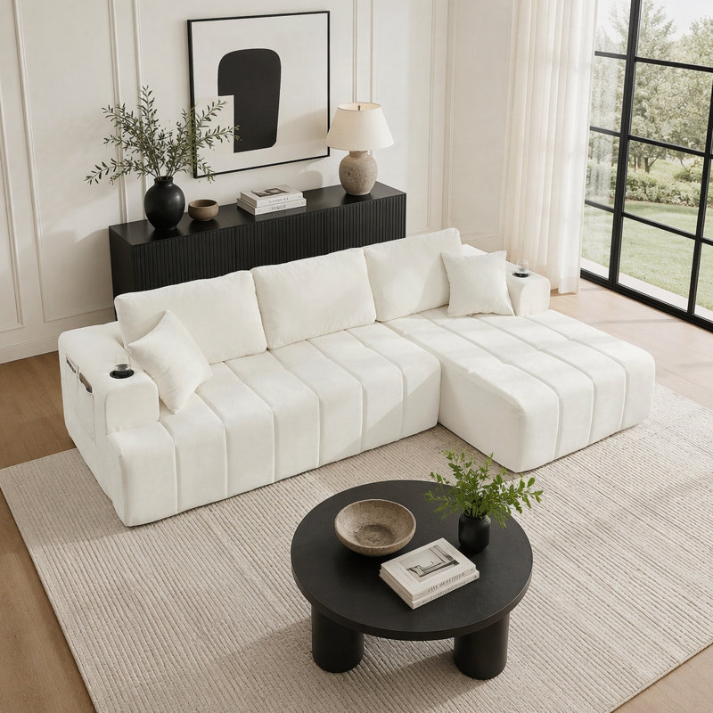 Canapé modulaire en forme de L avec méridienne et porte-gobelets, Chenille beige, Orienté à droite