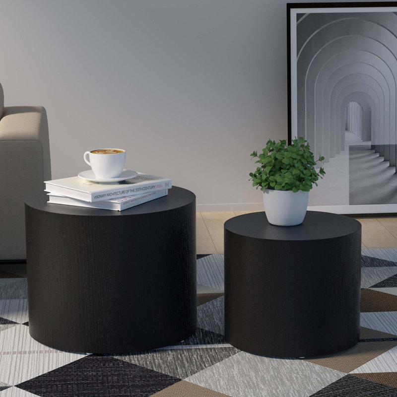 with ash, oak, veneer side table, coffee table, end table, nesting table set of 2, Matte Black