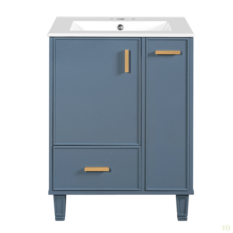 Meuble-lavabo 24 po avec lavabo, armoire de salle de bain avec tablette de porte, tiroir profond, panier coulissant à 2 niveaux, structure en bois massif et panneau de fibres à densité moyenne, un paquet
