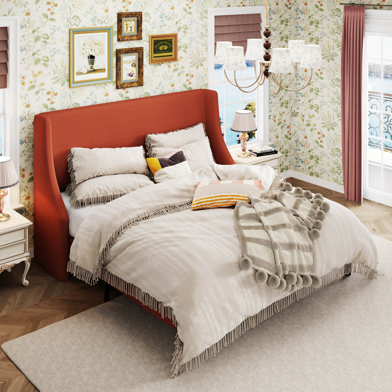 Bowdoin Modern Linen Upholstered Wingback Platform Bed with Wooden Slats, King, Burnt Orange