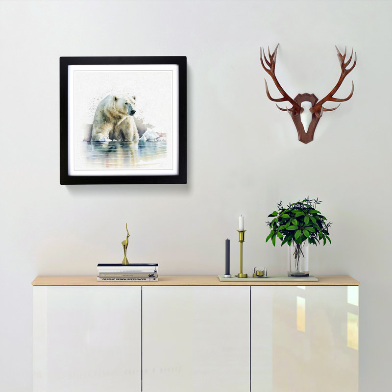 Polar Bear Watercolour - Single Picture Frame Print on Wood, Black