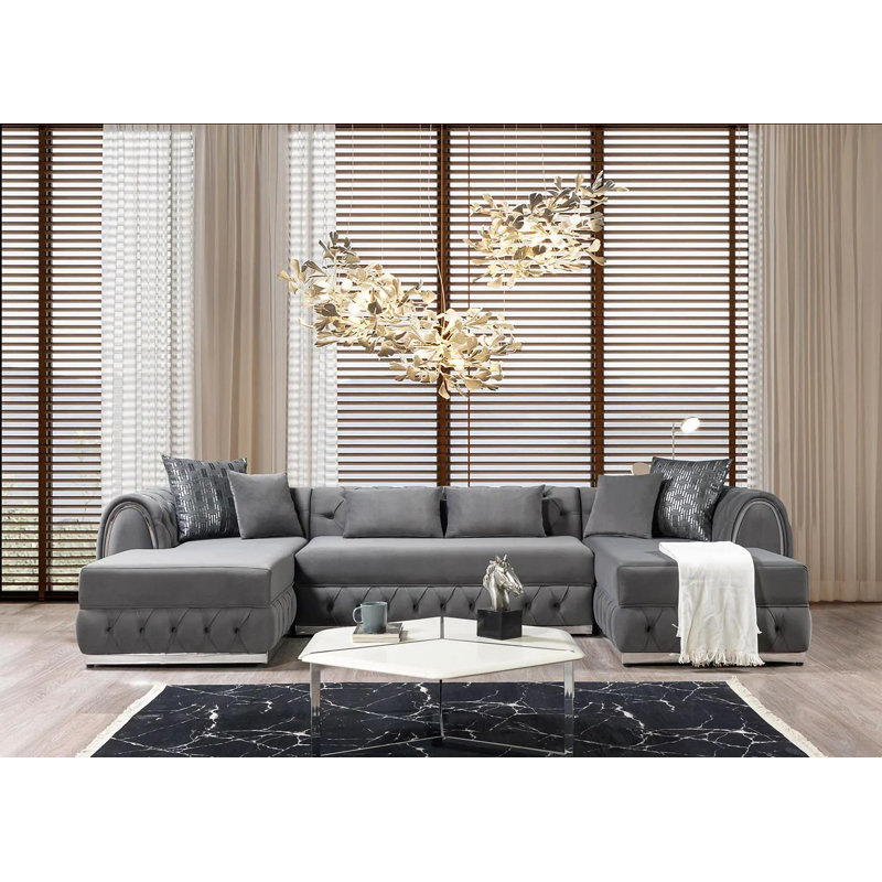 Farhanaaz Velvet U-Shaped Sectional Symmetrical, Grey Velvet, Silver