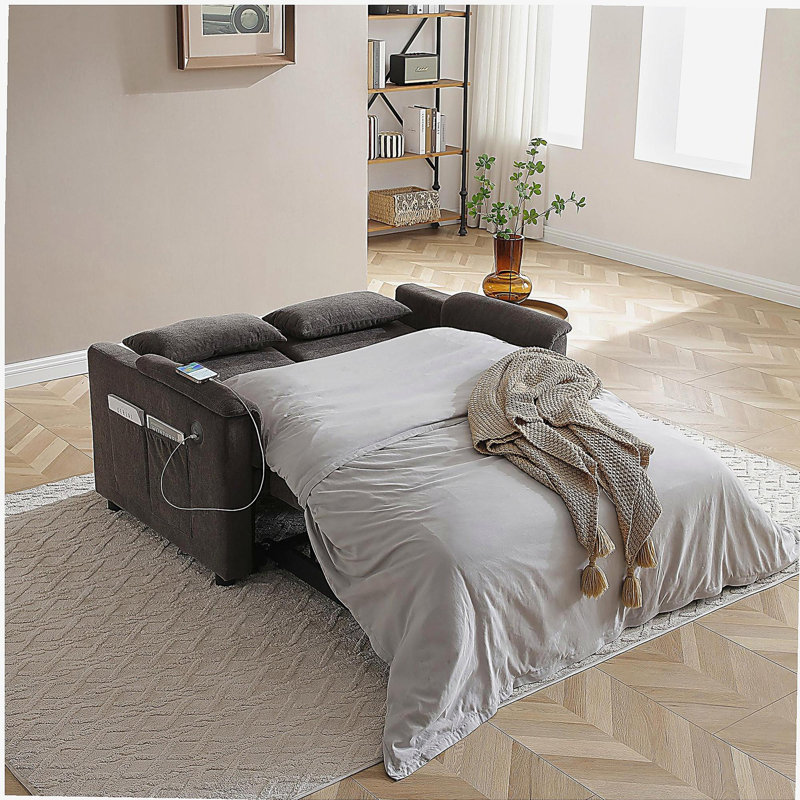 Canapé-lit à deux places en velours de 55 po, dossier réglable avec ports USB, deux poches latérales, canapé-lit convertible 3 en 1, causeuse moderne, 2 coussins de taille pour le salon, GRIS