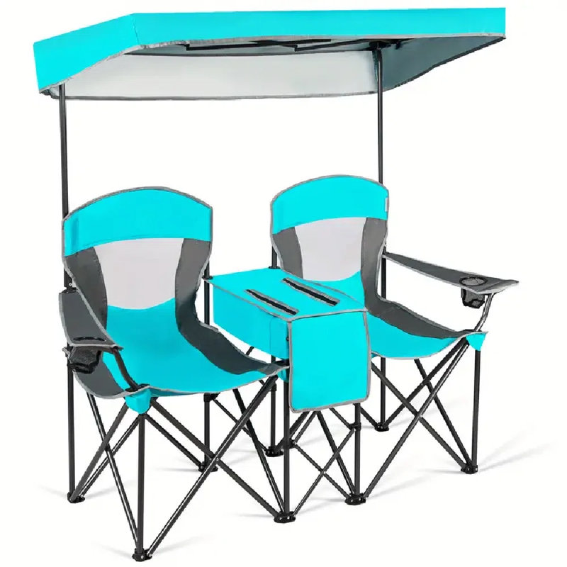 Chaises de camping pliables pour 2 personnes | Chaises doubles à double parasol avec auvent turquoise