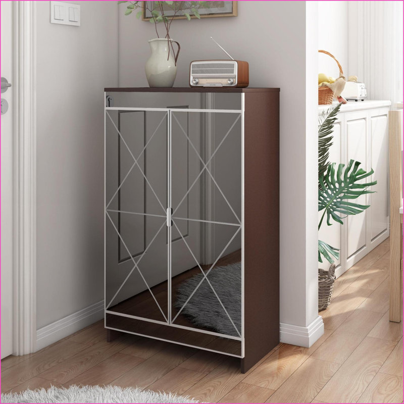 Mirrored Cabinets with Double Door Shoe Storage, Walnut Brown Glass, Silver Edging, Entryway Organizer | Contemporary | Glass,MDF