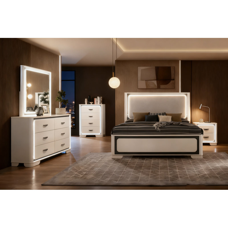 5-Piece Queen Bedroom Set, Lighted Bed, Dresser & Mirror, Night Stand, Queen
