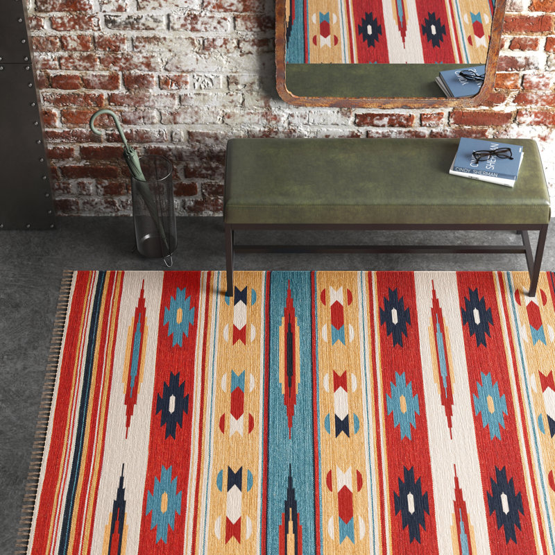Eriksen Southwestern Flatweave Wool Cotton Beige/Red/Blue Area Rug, Rectangle 6' x 9'