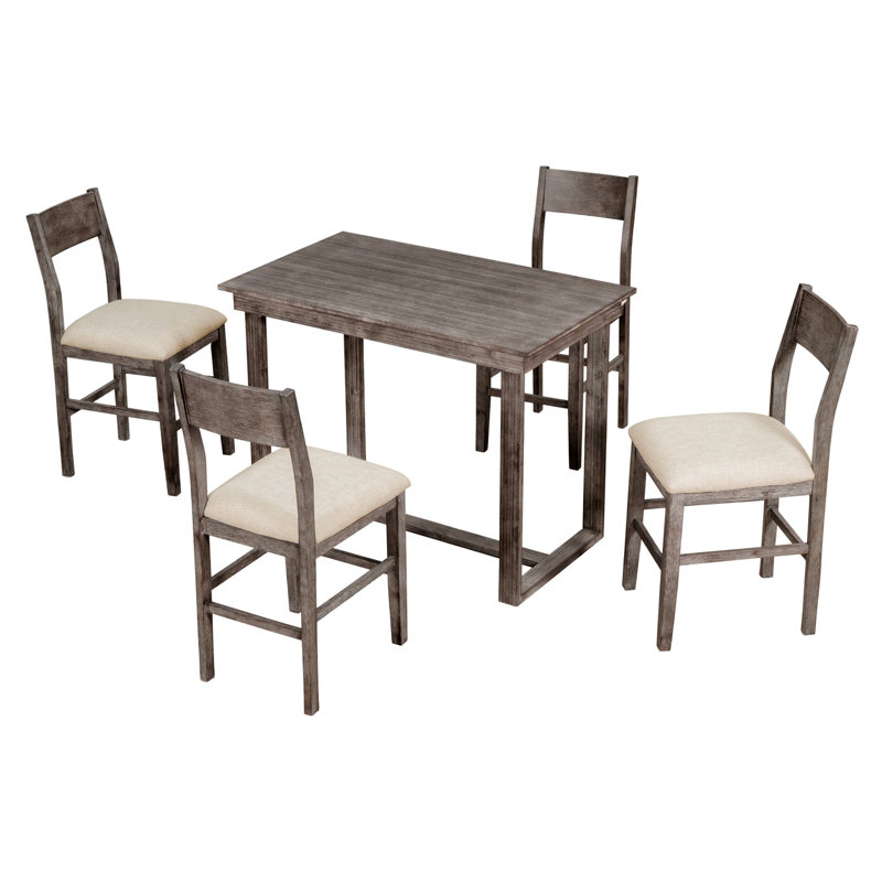 Gray Rubberwood Farmhouse Counter Height Dining Set with Cushioned Chairs