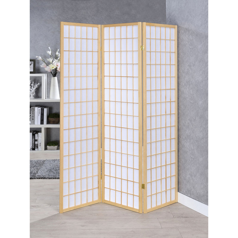 Paravent à 3 panneaux, fini naturel, bois d'hévéa et tissu avec panneau en papier blanc, 176 cm de haut, 132 cm de large, paravent pliant à diffusion douce pour la séparation de l'espace, finition sur tissu de pin.