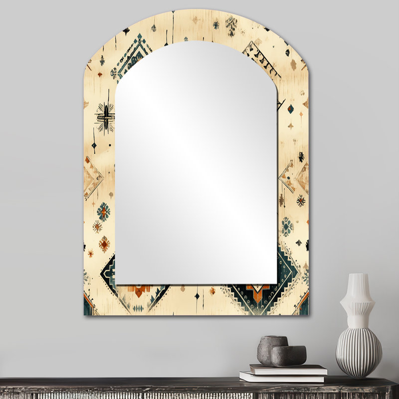 Motif Sheri beige rétro nomade Ii Boho - miroir mural géométrique en arc, miroir décoratif asymétrique beige, impression d'art en métal