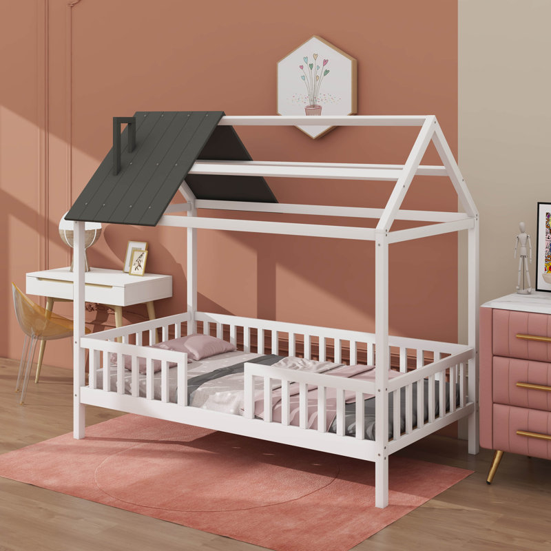 Lit simple en bois avec clôture, Blanc / Gris