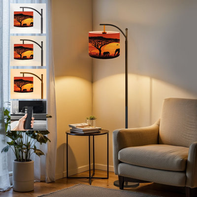  Lampe sur pied à arc noir silhouettes d'animaux d'Afrique savane an orange, grand lampadaire moderne à DEL, abat-jour réglable en lin, 3 températures de couleur