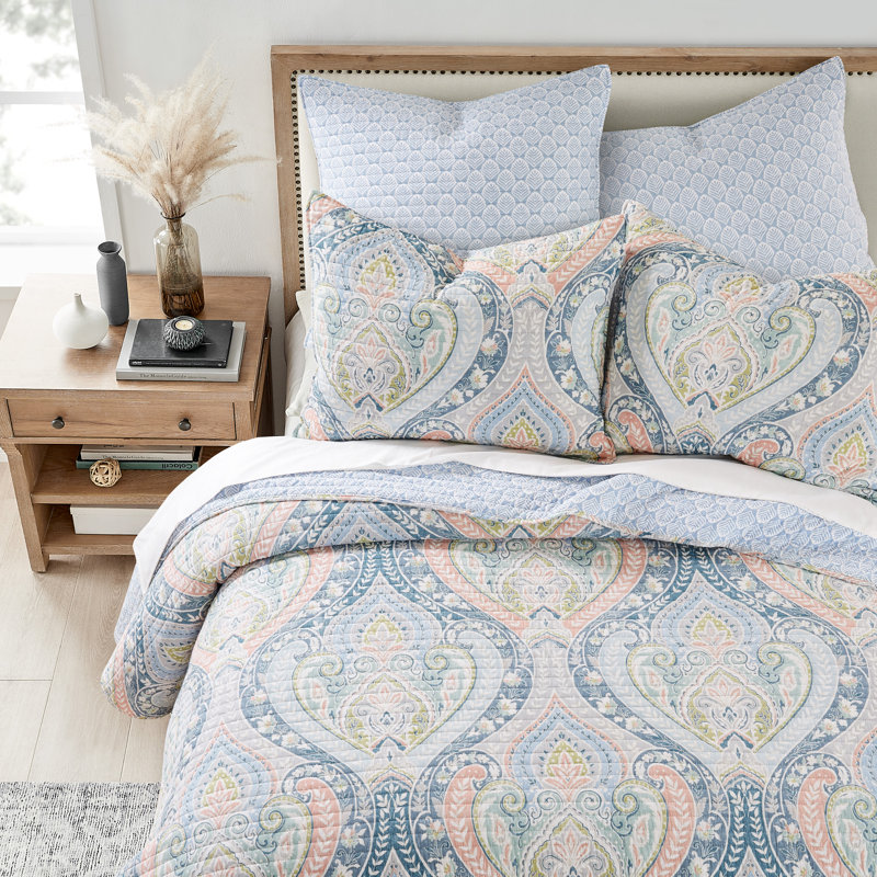 King Size Pastel Blush and Teal Cotton Quilt Set