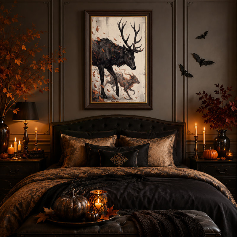 Cerf noir et loup gris parmi les feuilles d'automne - Toile murale d'Halloween, 18"H x 12"W