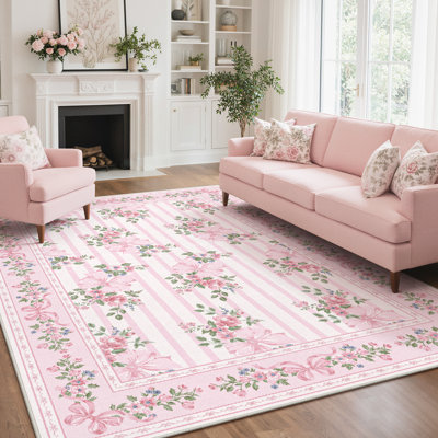 Bloomere Floral Machine Washable Blush Bow Indoor Area Rug With Non-Slip Backing