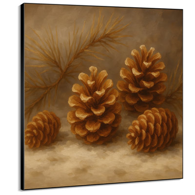 Très grande reproduction d'art sur tissu - Cône de pin brun nature morte, décor d'entrée rustique - «Assemblage requis du cadre (cadre non fini)»