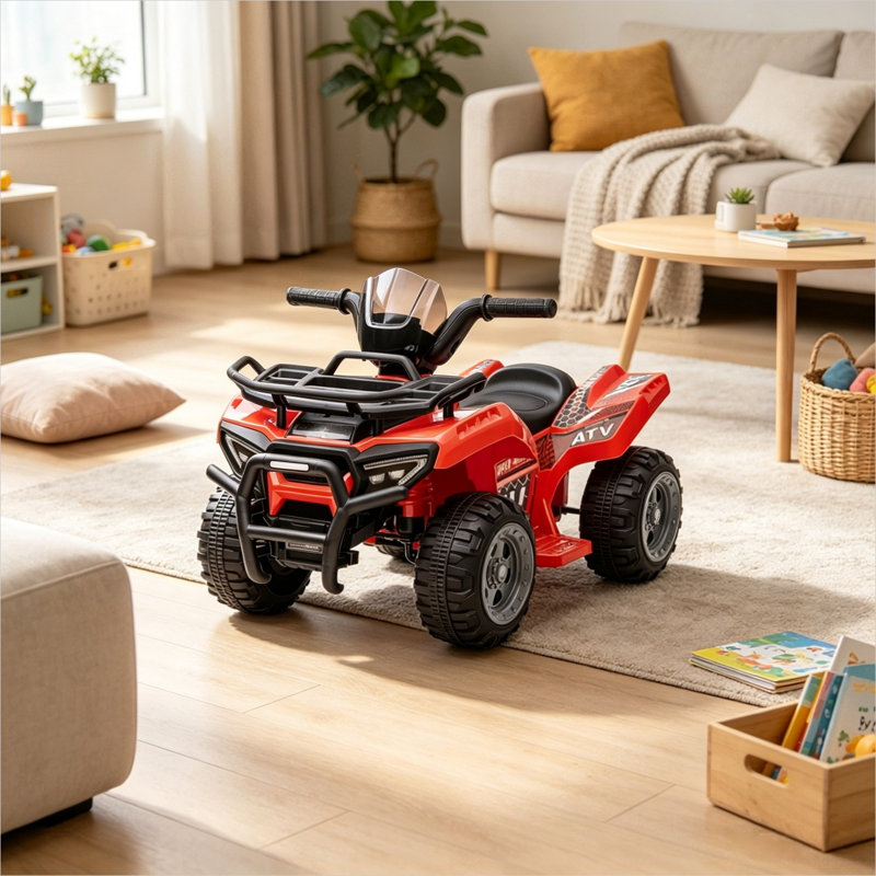 Poussette à DEL pour jouets pour bébé, combinant 26 x 17,2 x 16,5 po, VTT électrique rouge classique 6V, et acier rouge et Pp