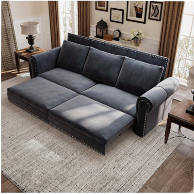 Canapé Chesterfield, canapé-lit gigogne de 93,7 po, canapé-lit convertible en velours 3 en 1 avec garniture cloutée et accoudoirs roulés, canapé-lit multifonctionnel, gris