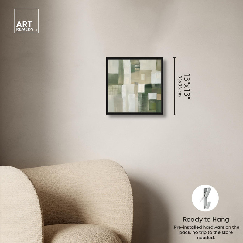 Décoration murale moderne en toile vert pâle Jade II , H 13 po x l 13 po, Cadre flottant noir