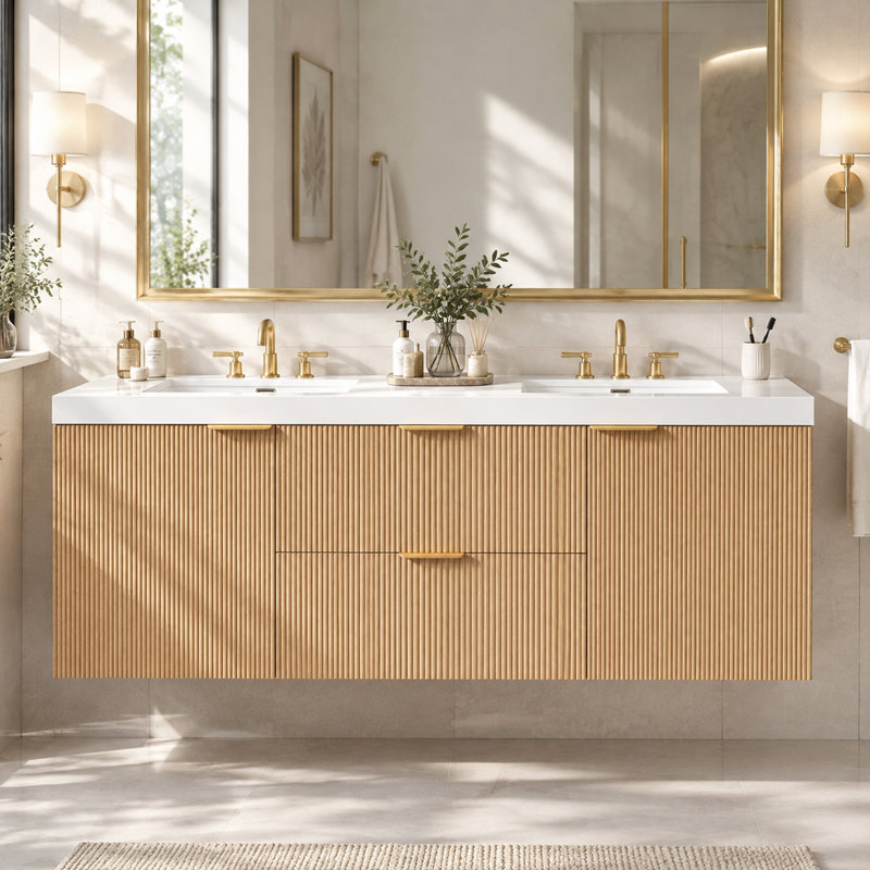 Meuble-lavabo double de 152 cm avec lavabo, rangement mural suspendu, façade cannelée et poignées dorées, style contemporain, idéal pour la salle de bain principale ou la suite d'invités.