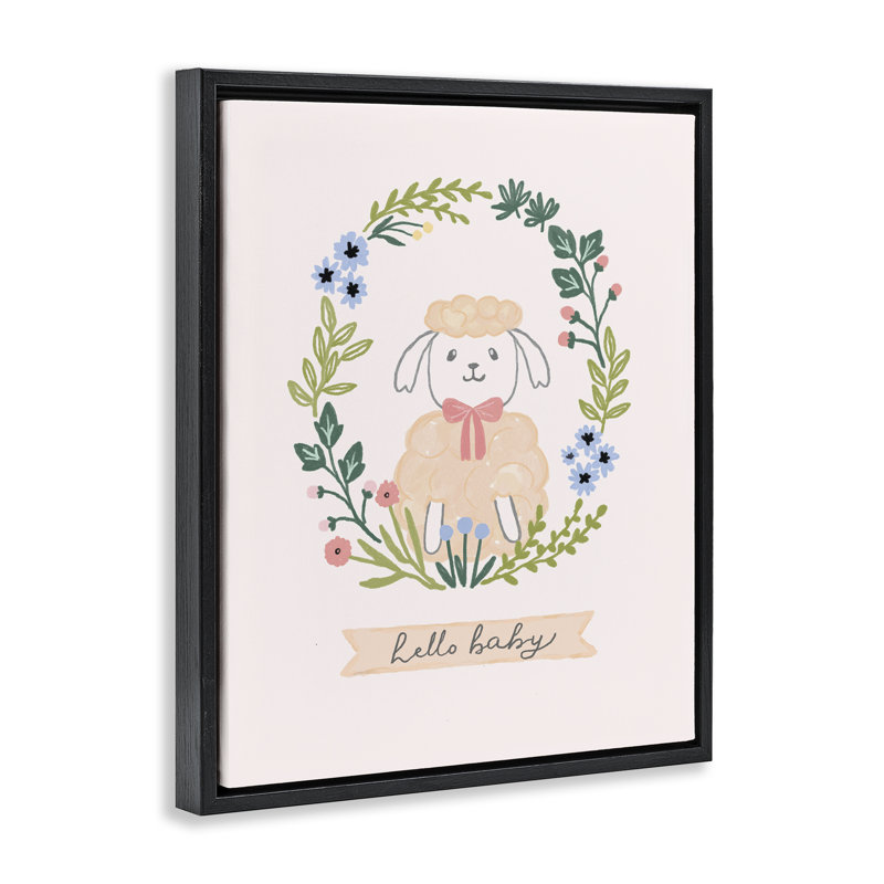 «Hello Baby Floral Lamb», art mural encadré par Nina Muis, Cadre flottant noir de jais, H 21 po x l 17 po