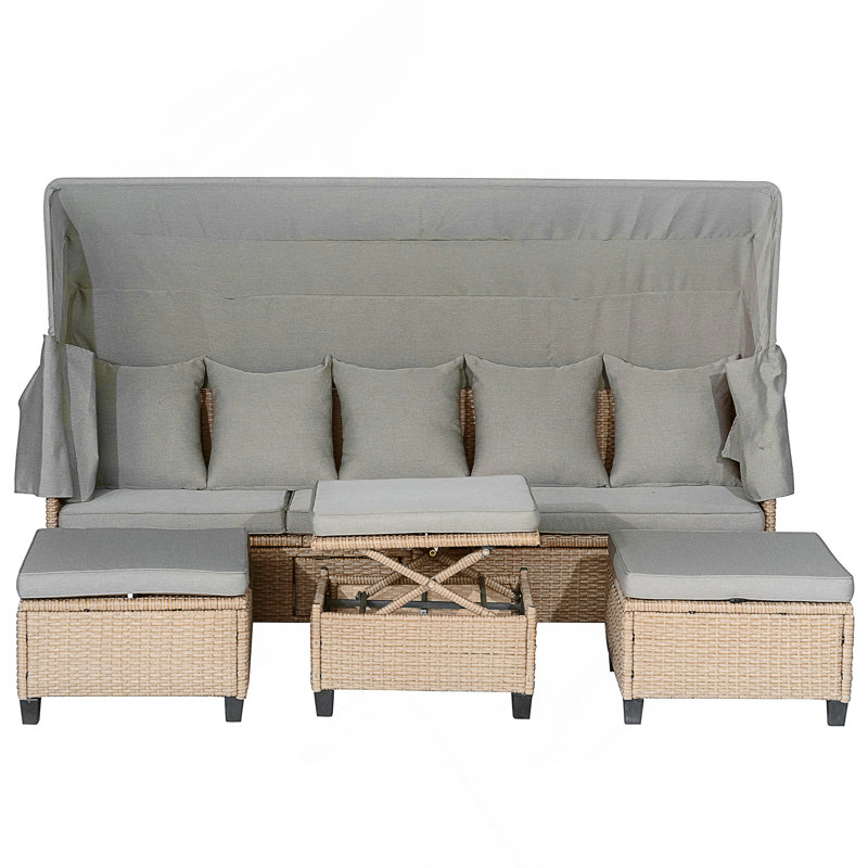 Ensemble 4 pièces de canapé de patio en résine tressée résistant aux rayons UV avec auvent rétractable, coussins et table élévatrice