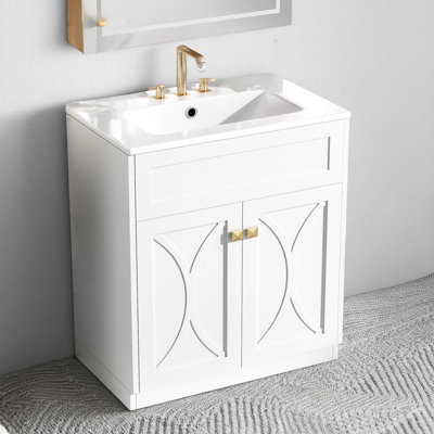 30-inch Freestanding Bathroom Vanity: Ceramic Sink Combination, Modern Cabinet With Gold Handles, Soft-close Cabinet Door For Durability