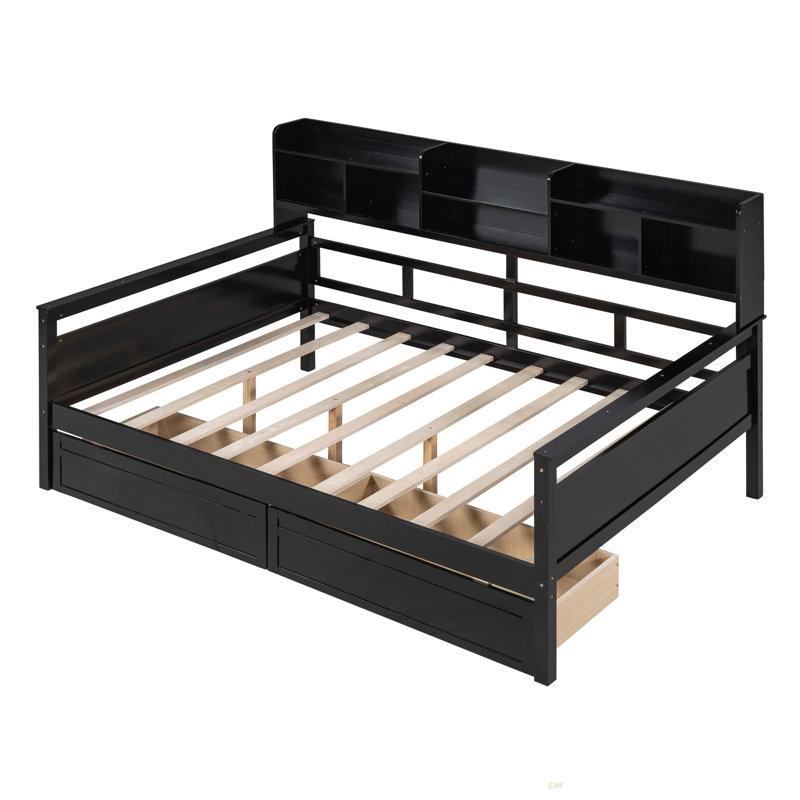 Daybed, Wood Slat Support, With Bedside Shelf And Two Drawers (Daybed), Full / Double, Espresso