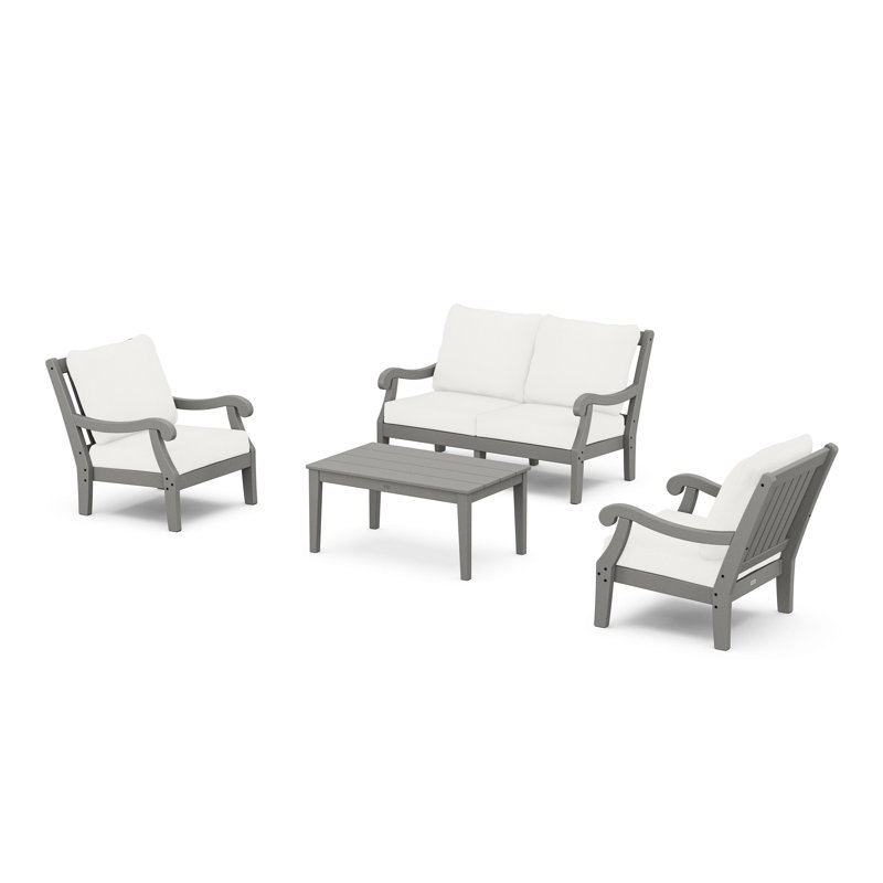 POLYWOOD x Birch Lane Veranda 4-Piece Deep Seating Set with Loveseat, Natural Linen Cushion/Slate Gray Frame
