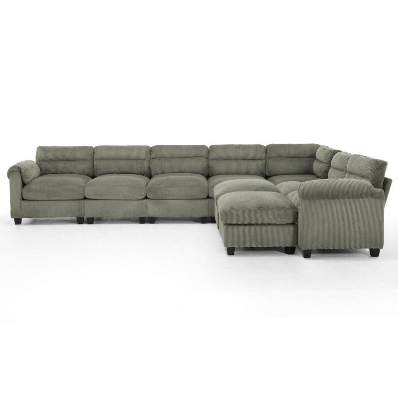 Dona 9-Piece Corduroy Upholstered Modular Sectional, 2 Ottomans, Pillowtop Arm, Green Corduroy