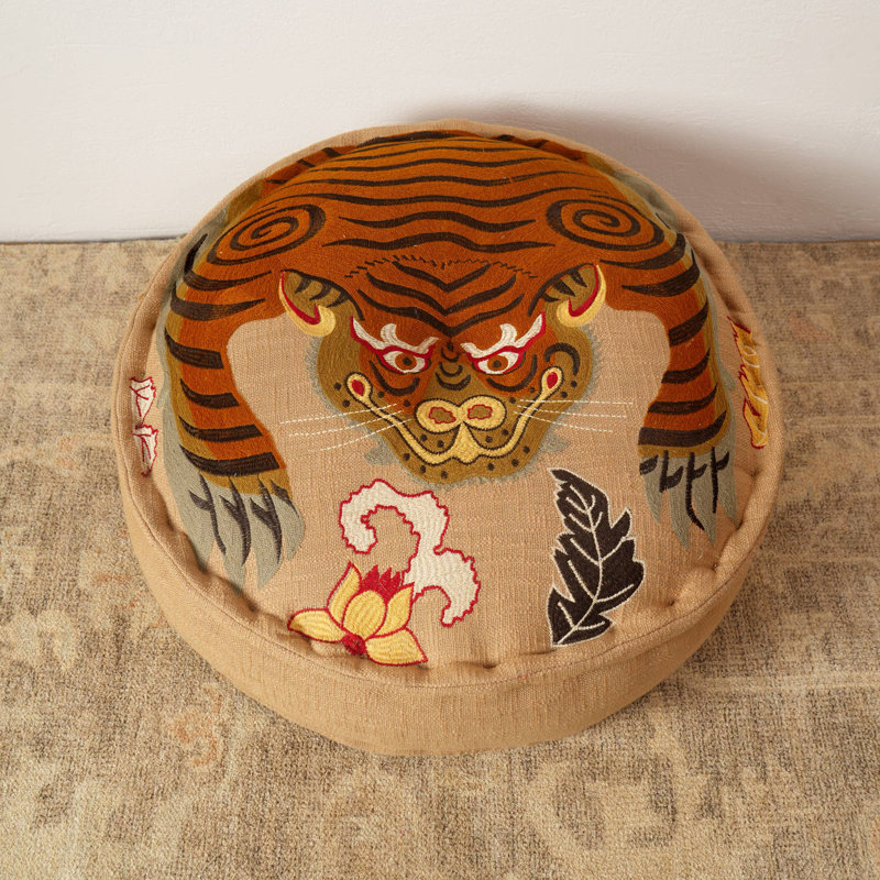 Embroidered Tiger Floor Pouf Cushion, 24x8 Inch Round Cotton Pouf Ottoman, Decorative Boho Floor Pillow with Polyester Filling for Living Room