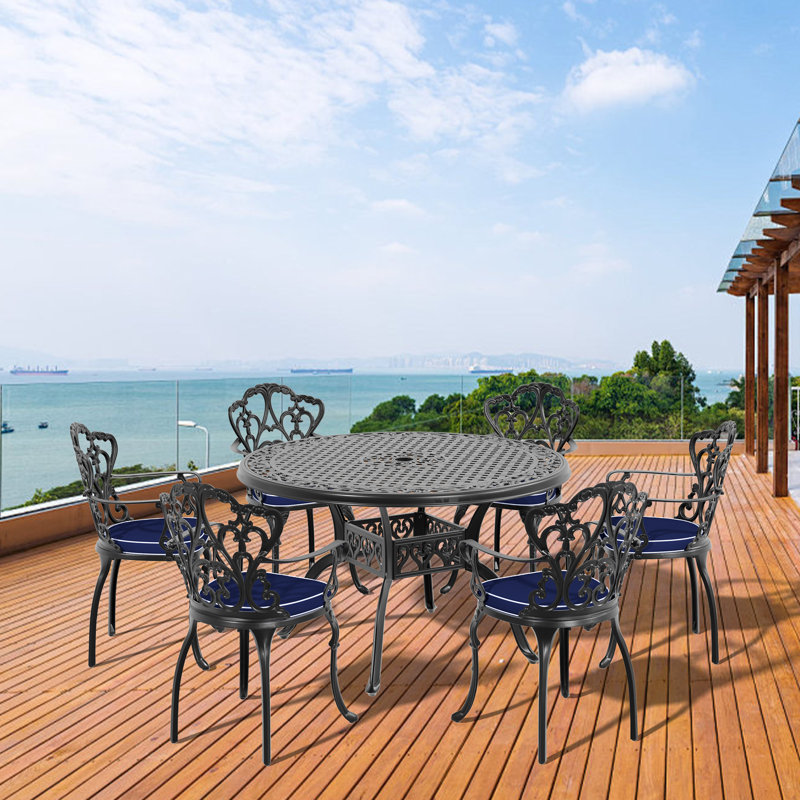 Akiesha Patio Dining Set Round Table with Cushions Included, 22.05" D x 21.65" W x 35.83" H, 6