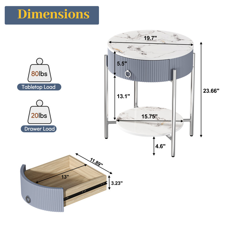 Table de bout avec rangement Woodville, Chrome chrome, Blanc / Gris