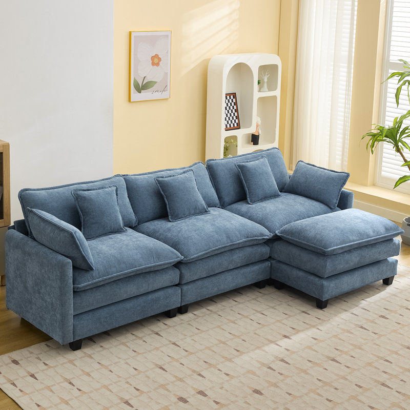 Chenille Upholstered Sectional Sofa Couch with Ottoman, 4, Blue