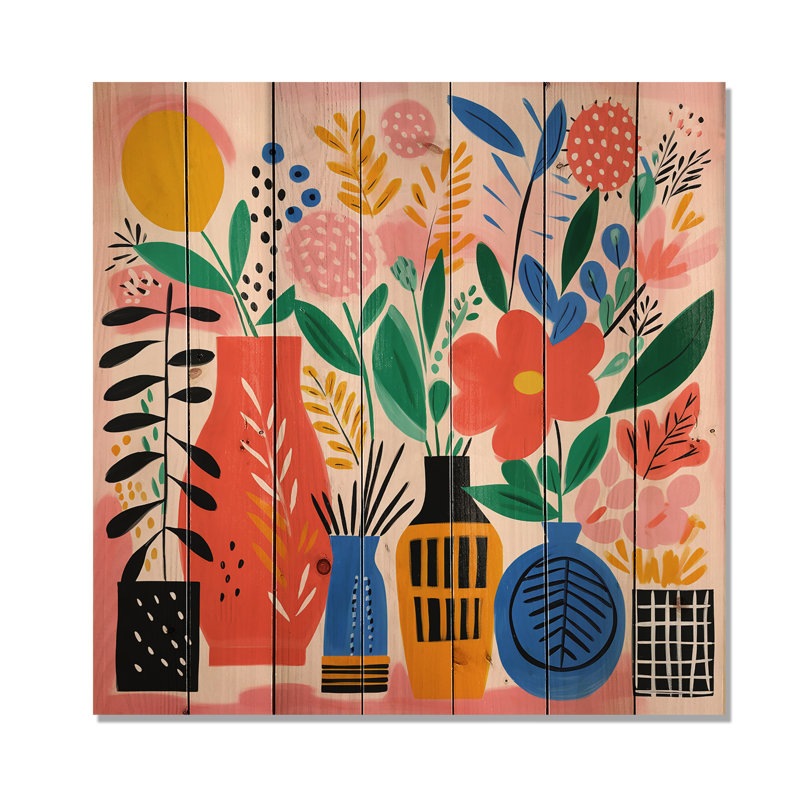 Bouquet de fleurs style bohème Henri Matisse II - poterie bohème sur bois, H 36 po x l 36 po