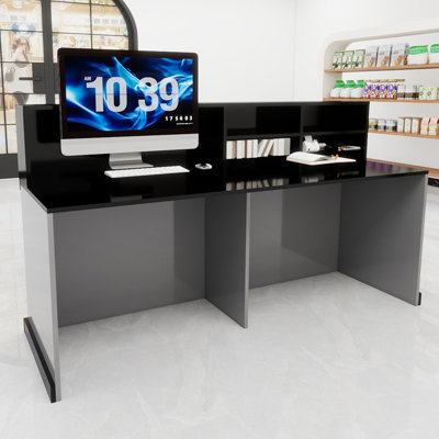 Bureau de réception noir 63 po, panneau émaillé au four lustré de 18 mm, comptoir de caisse avec tablettes ouvertes et lumières à DEL RVB, comptoir de réception pour bureau à domicile, salon de coiffure, salon de beauté