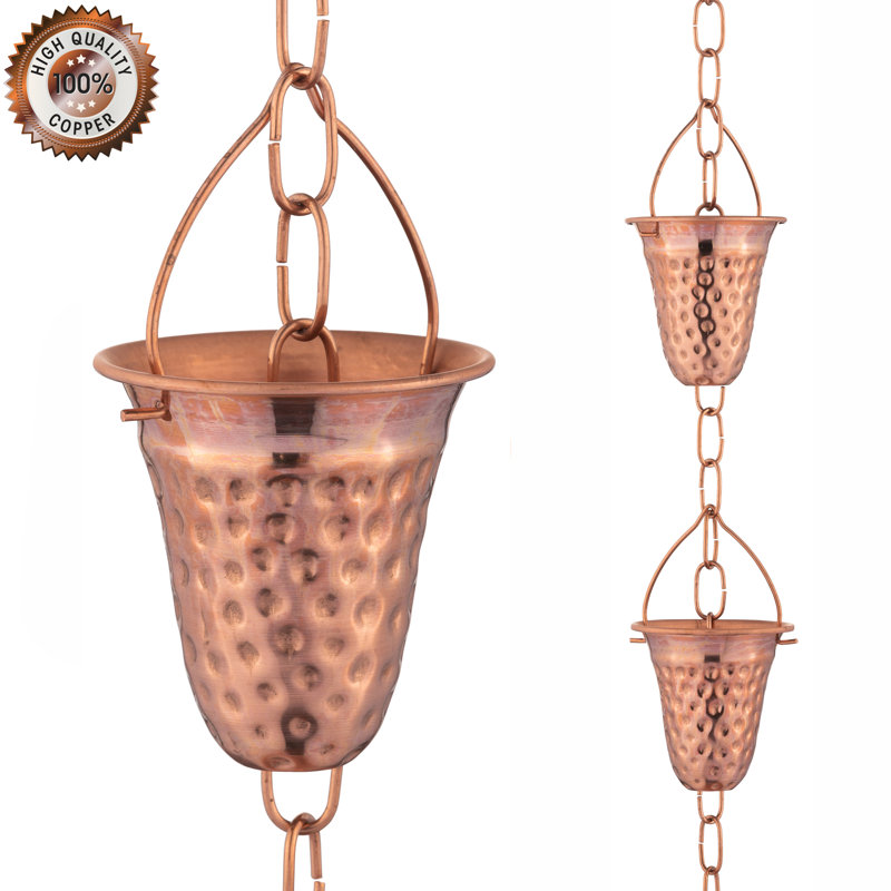 Marrgon Copper Rain Chain with Hammered Bell Style Cups for Gutter Downspout Replacement, Copper, 102" H x 3" W x 3.5" D