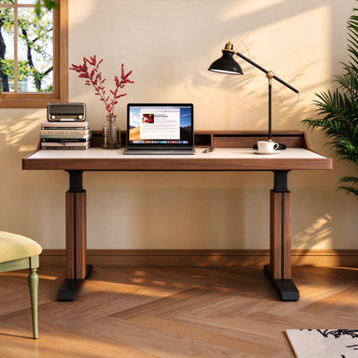 Adjustable Height Standing Desk, 62.99 Inch, Wood Veneer Frame, Scratch Resistant Tabletop, Mid-Century Modern Rectangular Sit Stand Workstation